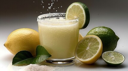   A glass of lemonade sits next to sliced lemons and limes on a white table with a drizzle of water