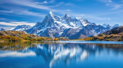 A scenic mountain background featuring majestic peaks covered in a blanket of snow, with a clear blue sky above and a serene lake reflecting the mountains below, creating a breathtaking and