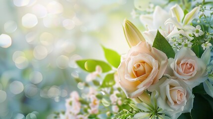 A delicate flowers background featuring a close-up of a bouquet of roses and lilies, with soft petals and lush green leaves, creating a romantic and elegant scene that's perfect for adding a touch of