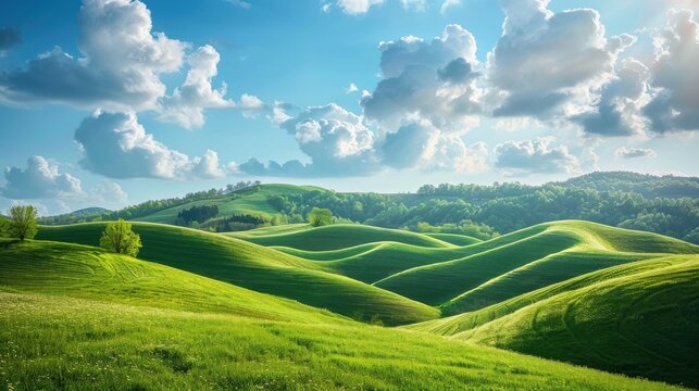 A picturesque landscape background featuring rolling hills covered in lush green grass, with a clear blue sky and fluffy white clouds above, creating a peaceful and idyllic scene that celebrates the
