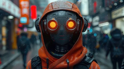 Mysterious figure in a futuristic outfit with glowing eyes, set against a vibrant urban backdrop filled with neon lights.