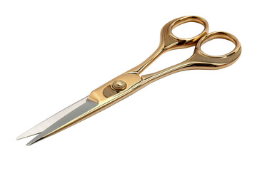 Obraz premium Close-Up of Gold-Handled Scissors with Stainless Steel Blades on a White Background
