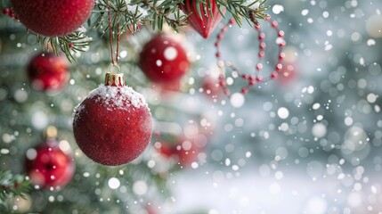 Fototapeta premium Christmas tree decorations with artificial snow and red baubles. 