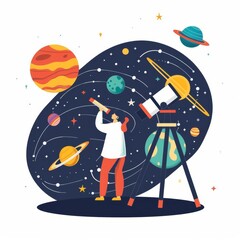 Fototapeta premium Astronomer with telescope, educational space elements, flat design illustration, scientific, isolated on white background