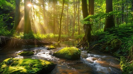 A nature background displaying a lush forest with tall trees covered in green moss, a gentle stream flowing through, and sunbeams piercing through the canopy, evoking a sense of tranquility and
