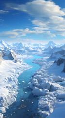 Obraz premium Aerial view of a winding glacial river flowing through a snow-covered mountain range. The bright blue water contrasts with the white snow and ice.