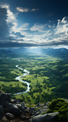 A scenic view of a winding river flowing through a lush green valley, surrounded by mountains and a cloudy blue sky.