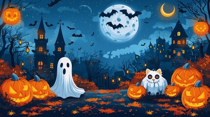 Colorful Halloween Night Featuring Ghosts, Pumpkins, Cats and Bats in a Spooky Landscape