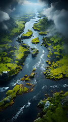Fototapeta premium Aerial view of a winding river flowing through a lush green valley, with dramatic clouds above.