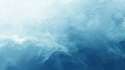 Fototapeta premium A tranquil blue background with a gradient from deep navy at the top to a lighter sky blue at the bottom, accented with soft, swirling clouds and a gentle ripple effect, evoking the calmness and