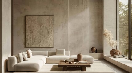 An interior mockup featuring a stylish, modern living room with sleek furniture, a coffee table with decorative items, and a large window letting in natural light, set against a neutral backdrop with