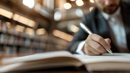 A man is diligently writing in an open book at a library desk, holding a pen in his hand, signifying dedication and concentration in a quiet, studious environment.