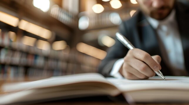 A man is diligently writing in an open book at a library desk, holding a pen in his hand, signifying dedication and concentration in a quiet, studious environment.
