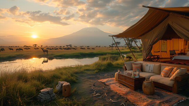 A serene luxury safari camp, featuring opulent tents with stylish interiors, a fine dining experience under the stars, and a close-up encounter with wildebeest grazing nearby, creating a tranquil and 