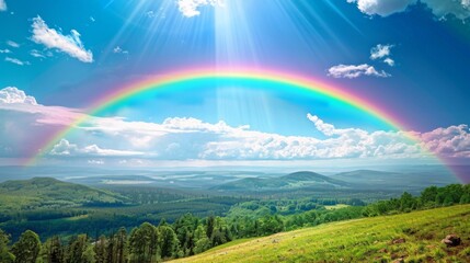 A vibrant rainbow arching across a clear blue sky after a rain shower, with a scenic landscape below.