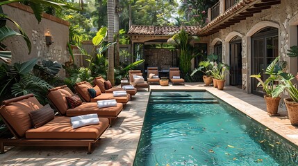 A serene photograph of a boutique hotel pool area, featuring stylish loungers, personalized touches such as fresh towels and fruit-infused water, and lush greenery surrounding the pool, capturing the 