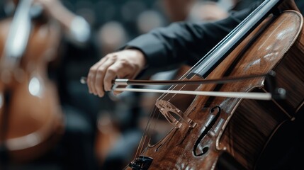 A cellist's hand is seen playing the cello with intense concentration in this image, capturing the elegance and passion of a live performance in a formal concert setting.