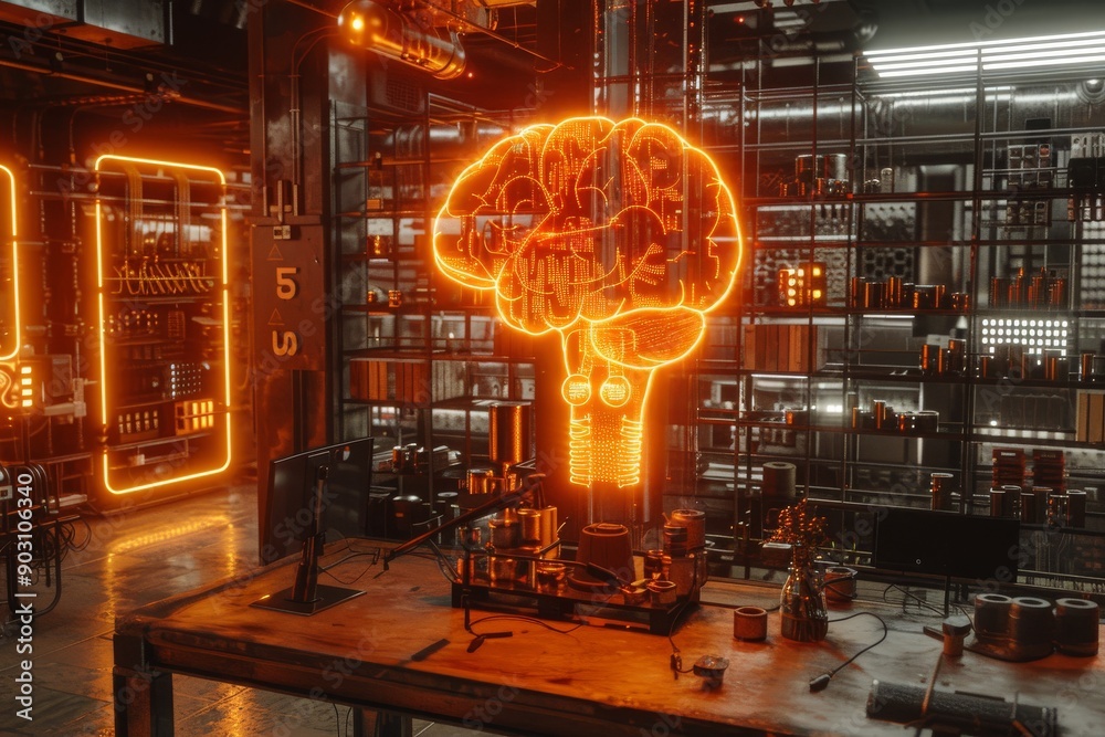 Sticker giant neon brain light bulb in an industrial workshop showcasing advanced technology and innovative 