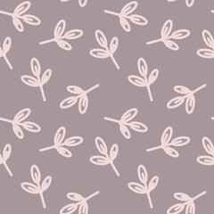 Seamless abstract botanical pattern. Simple background with pink, brown texture. Digital brush strokes. Leaves. Design for textile fabrics, wrapping paper, background, wallpaper, cover.