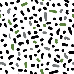 Seamless abstract geometric pattern. Simple background in black, green, white colors. Digital textured. Lines, stains, dots. Design for textile fabrics, wrapping paper, background, wallpaper, cover.