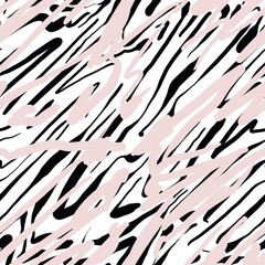 Seamless abstract textured pattern. Texture in black, pink, white. Digital brush strokes. Lines, stripes. Illustration. Design for textile fabrics, wrapping paper, background, wallpaper, cover.
