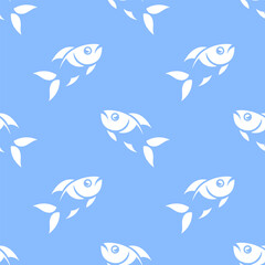 Fishes vector seamless pattern. White stylized drawings on blue background.