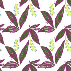 Seamless abstract botanical pattern. Simple background with red, yellow, green, white. Digital brush strokes. Flowers. Design for textile fabrics, wrapping paper, background, wallpaper, cover.