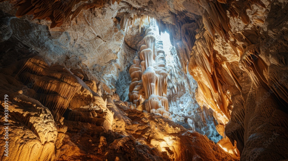 Poster a wide-angle view of a cave with natural lighting effects, highlighting the interplay of light and s