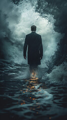 Fototapeta premium Businessman with umbrella during storm in the sea. Concept of insurance protection