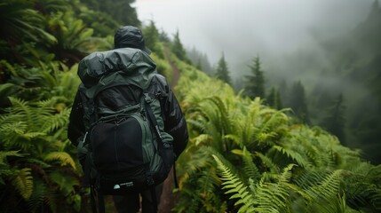 A lone hiker is immersed in a lush, foggy forest, carrying a large backpack and wearing a raincoat, showcasing the adventurous spirit of exploration and nature immersion.