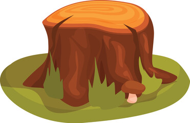 Old tree stump standing on a green grass patch with a mushroom growing next to it