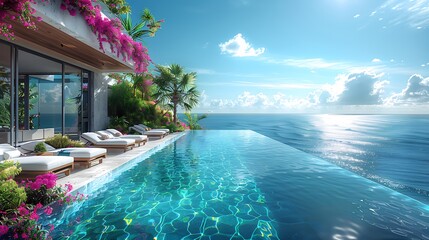 Obraz premium A serene scene of an infinity pool overlooking the ocean, featuring plush sun loungers, tropical plants, and the crystal-clear water reflecting the bright, sunny sky, creating a perfect blend of elega
