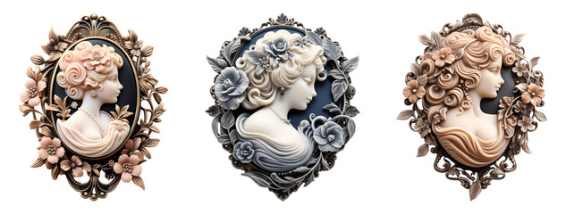 Set of vintage Victorian era cameo brooch. Statement fashion accessory.