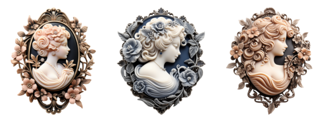 Set of vintage Victorian era cameo brooch. Statement fashion accessory.