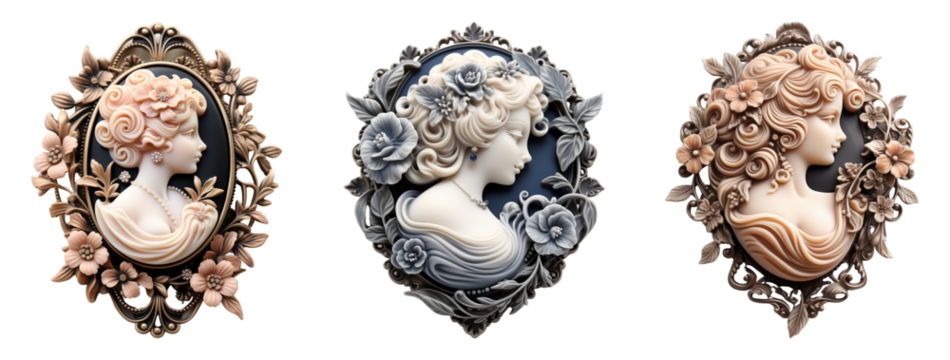 Set of vintage Victorian era cameo brooch. Statement fashion accessory.
