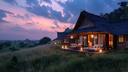 A serene view of a luxury safari camp, highlighting opulent tents with stylish interiors, a fine dining setup with lanterns under the stars, and a close-up encounter with a pride of lions in the dista