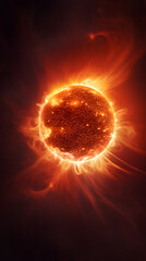 Fototapeta premium A fiery, glowing star with radiating flames, set against a dark, starry background.