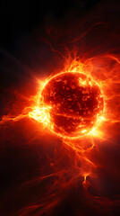 A fiery red sun blazes with intensity, surrounded by glowing plasma, in a deep space setting.