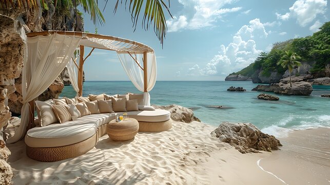 A stunning photograph of a private beach cabana with luxurious furnishings, including a comfortable daybed with elegant pillows, a stylish lounge area, and a personal butler serving tropical drinks, a