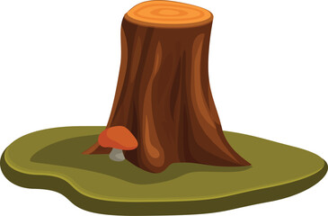 Old tree stump growing on a patch of grass with a small mushroom