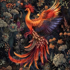 Phoenix bird in a royal palace garden, surrounded by enchanted flora, regal and magical
