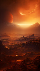 Naklejka premium A breathtaking alien landscape with a fiery red sky, two moons, and rolling mountains in the distance.
