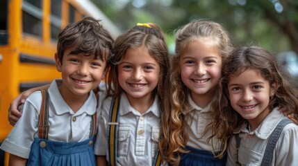 four diverse school kids wearing white shirts and blue trousers uniforms smiling outdoor near yellow school bus.