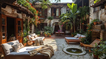 A stunning view of a boutique hotel courtyard, showcasing a beautifully landscaped garden with stylish outdoor seating, personalized touches such as fresh flowers and cozy blankets, and a tranquil fou