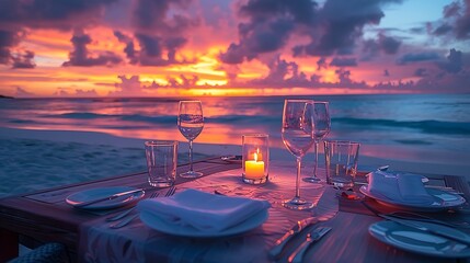 A stunning view of a private beach dinner, highlighting a beautifully arranged table with fine dining settings, flickering candles, and elegant decor, set on a pristine beach with the gentle waves of 