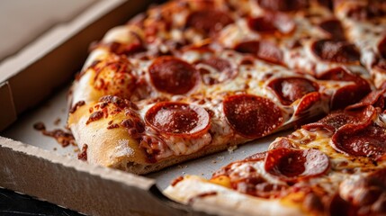 A mouth-watering pepperoni pizza with a cheese topping, slightly eaten slice in a box, showcasing the delicious crust and melting mozzarella cheese.