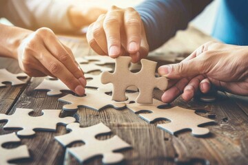 Collaborative Team Building Activity with Hands Connecting Puzzle Pieces