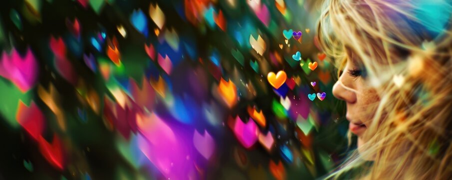 Contemplative Woman with Colorful Heart Bokeh Background: Portrait of Reflection and Emotion - Powered by Adobe