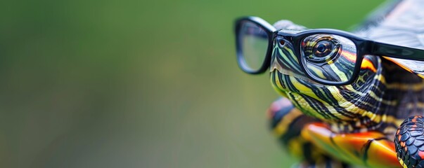 Intelligent Turtle with Glasses in Vibrant Natural Setting Showcasing Unique and Humorous Wildlife Photography