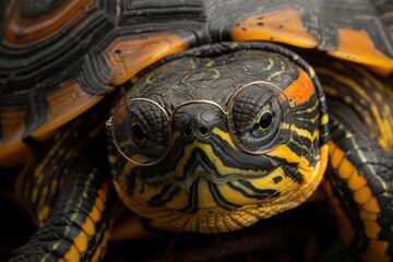 Obraz premium CloseUp of a Turtle Wearing Glasses with Colorful Shell Patterns
